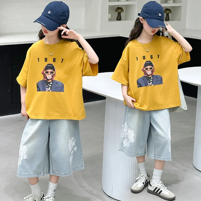 女童夏装套装2025新款6-12岁15岁中大童韩版短袖t恤牛仔裤两件套