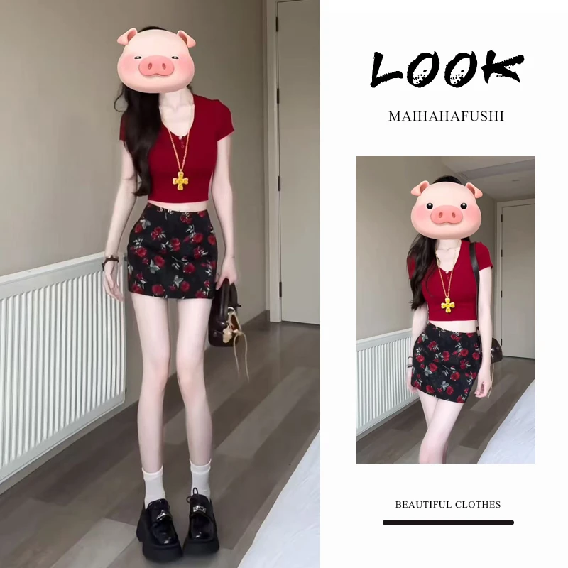 夏季时尚一整套女装2025新款爆款辣妹风修身短上衣高腰短裙两件套