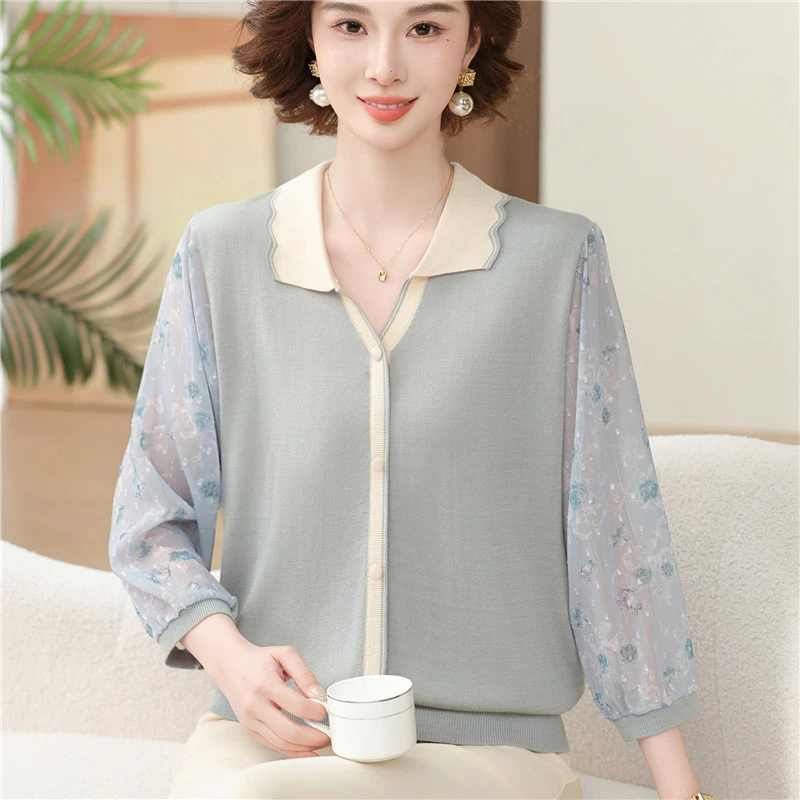 妈妈春装翻领打底衫夏季新款洋气纱袖针织上衣中老年女宽松薄T恤