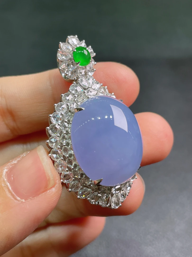 天然缅甸a货翡翠18k金镶嵌紫罗兰蛋面吊坠z04