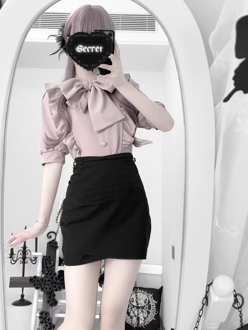 【甜偶】原创 清楚系 褶皱短裙 包臀裙 日系 短袖 灰紫 现货