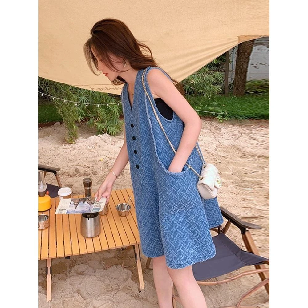 无袖牛仔连体短裤女夏季2025年新款韩系小个子宽松显瘦阔腿连衣裤