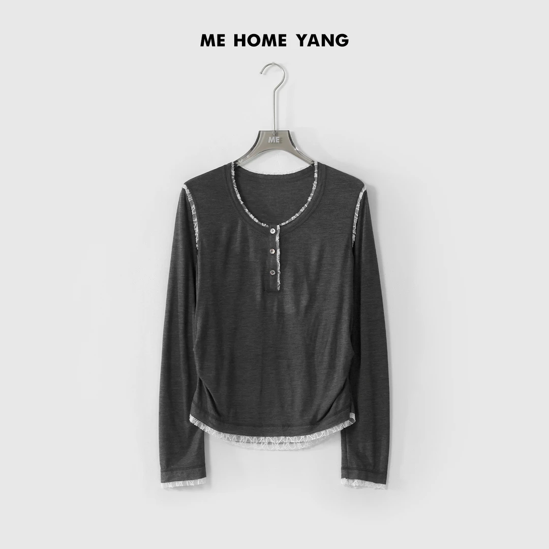 ME【蕾丝亨利衫】莱赛尔绵羊毛混纺轻柔肤感时尚百搭上衣MESS1046