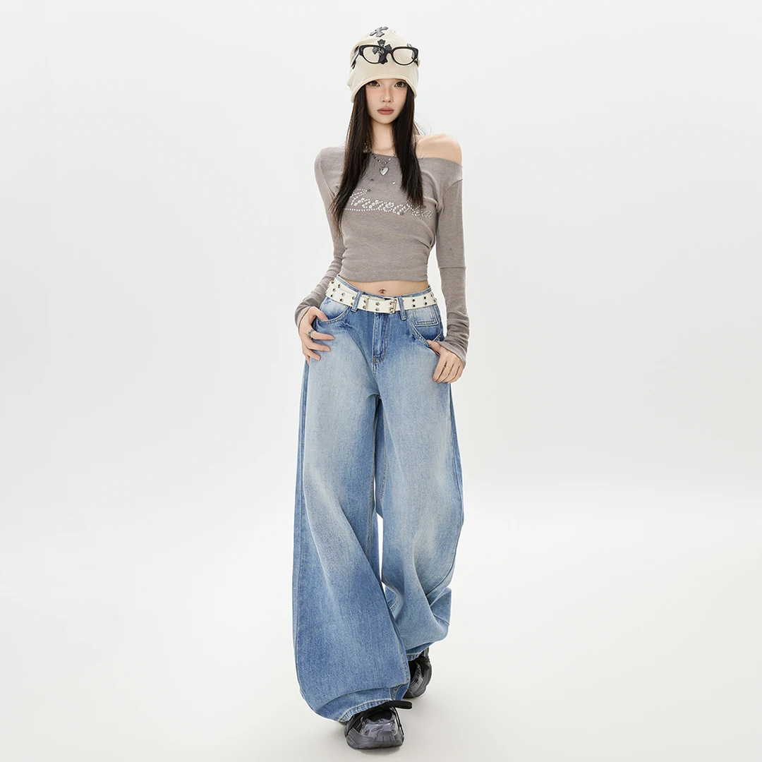 2025秋装新款春季美式低腰辣妹阔腿裤女设计感水洗蓝色宽松牛仔长