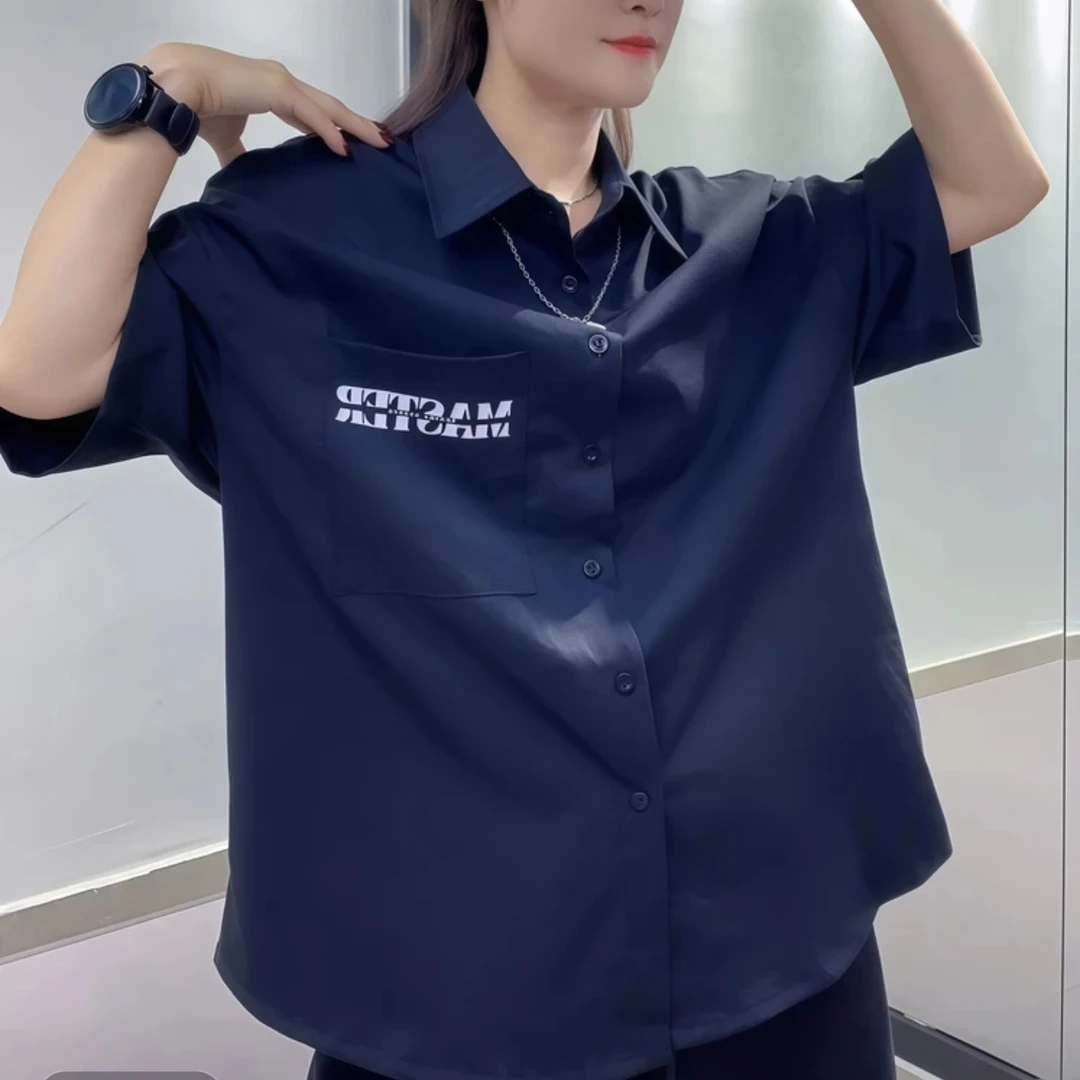 XY012新款短袖字母印花黑色衬衫夏季百搭高级感衬衣时尚宽松