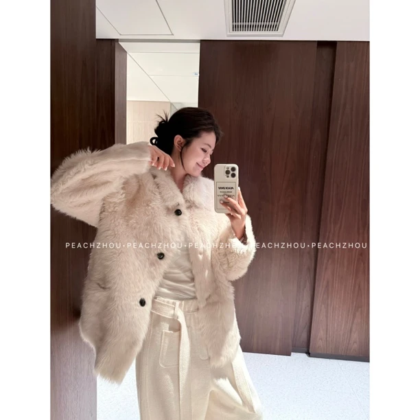 PEACHZHOU 西班牙进口托斯卡纳皮毛一体不压身宽松翻领皮草外套