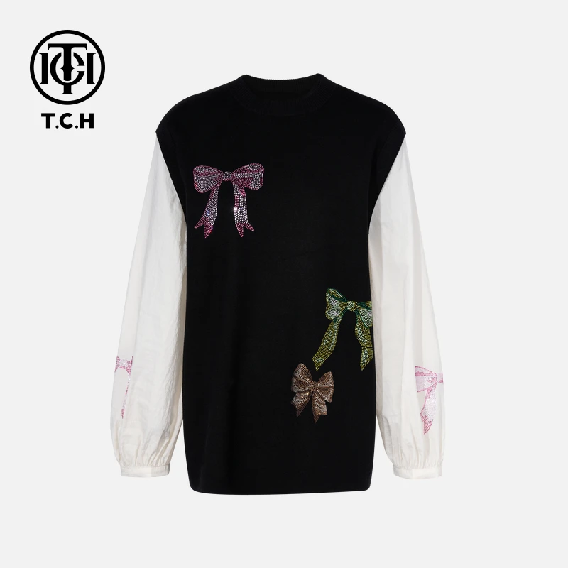 TCH秋款烫钻时尚休闲百搭蝴蝶结卫衣上衣女T75C11E5002轻奢tch
