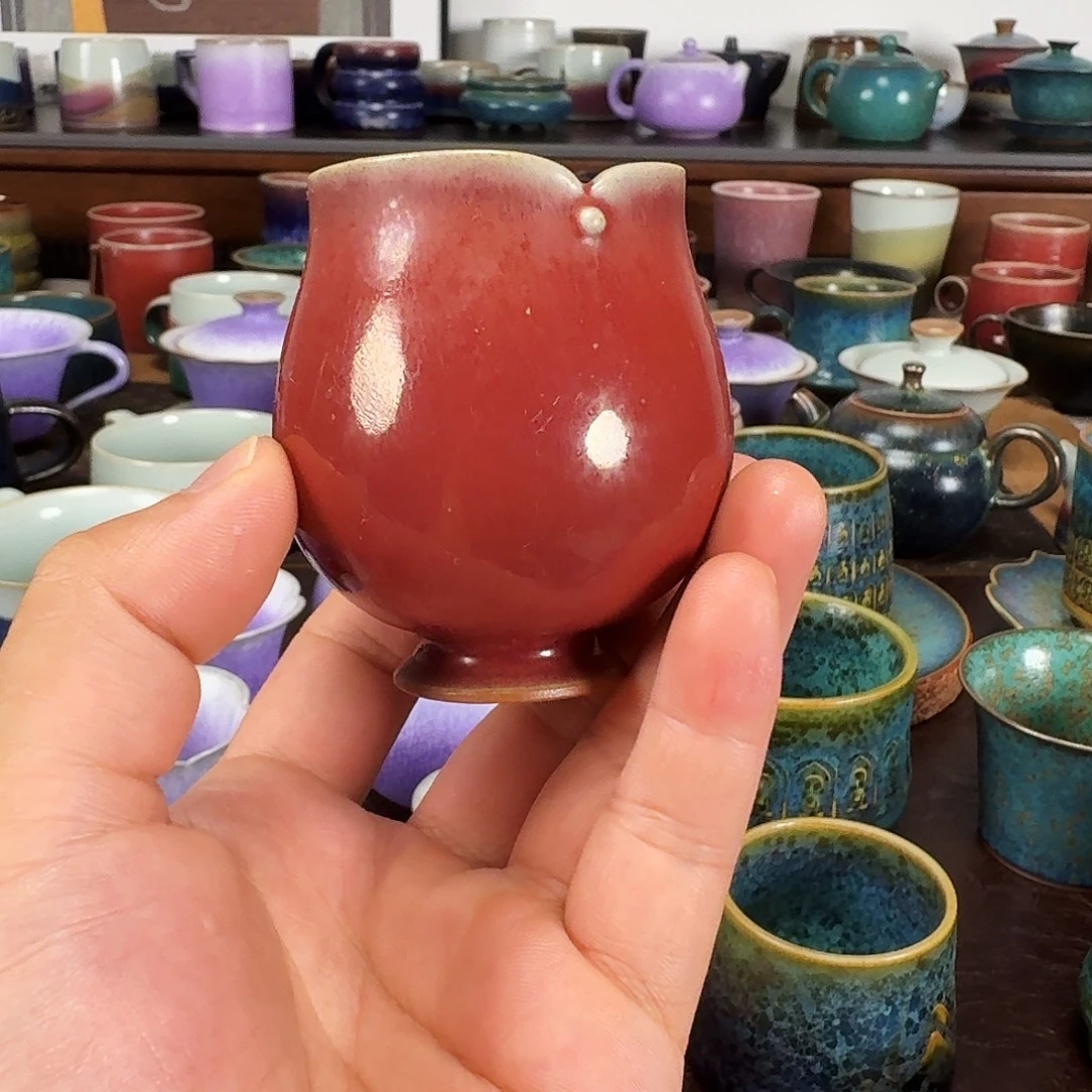 柿叶红好花口高足杯子