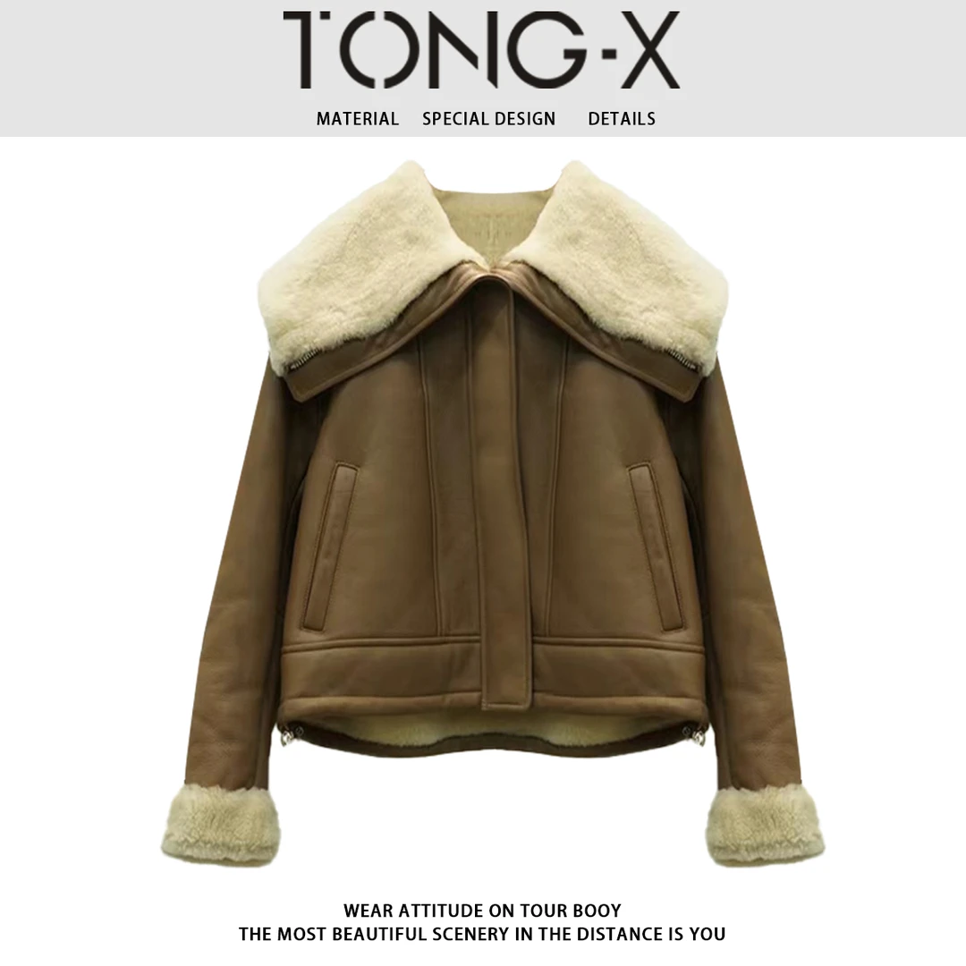 美拉德穿搭颗粒羊毛+生态皮外套 K1704