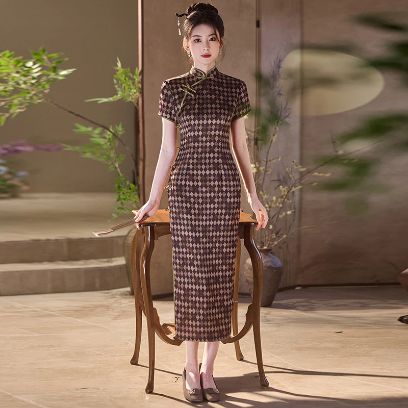 复古风改良旗袍立领春夏新款立领长款连衣裙主持人小姐妹聚会旗袍