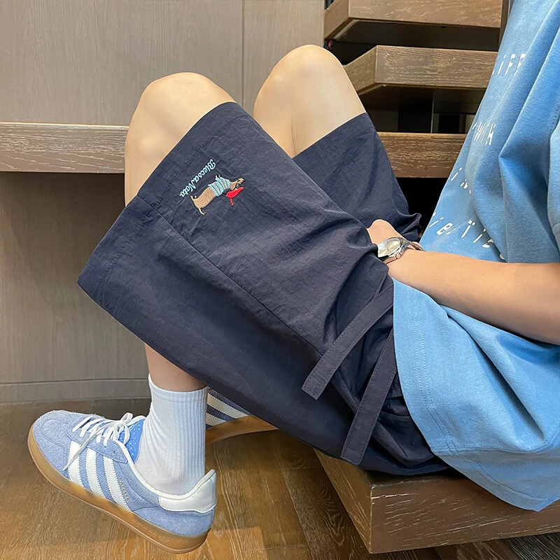 腊肠狗刺绣运动短裤男夏季薄款青少年速干外穿中裤宽松直筒五分裤