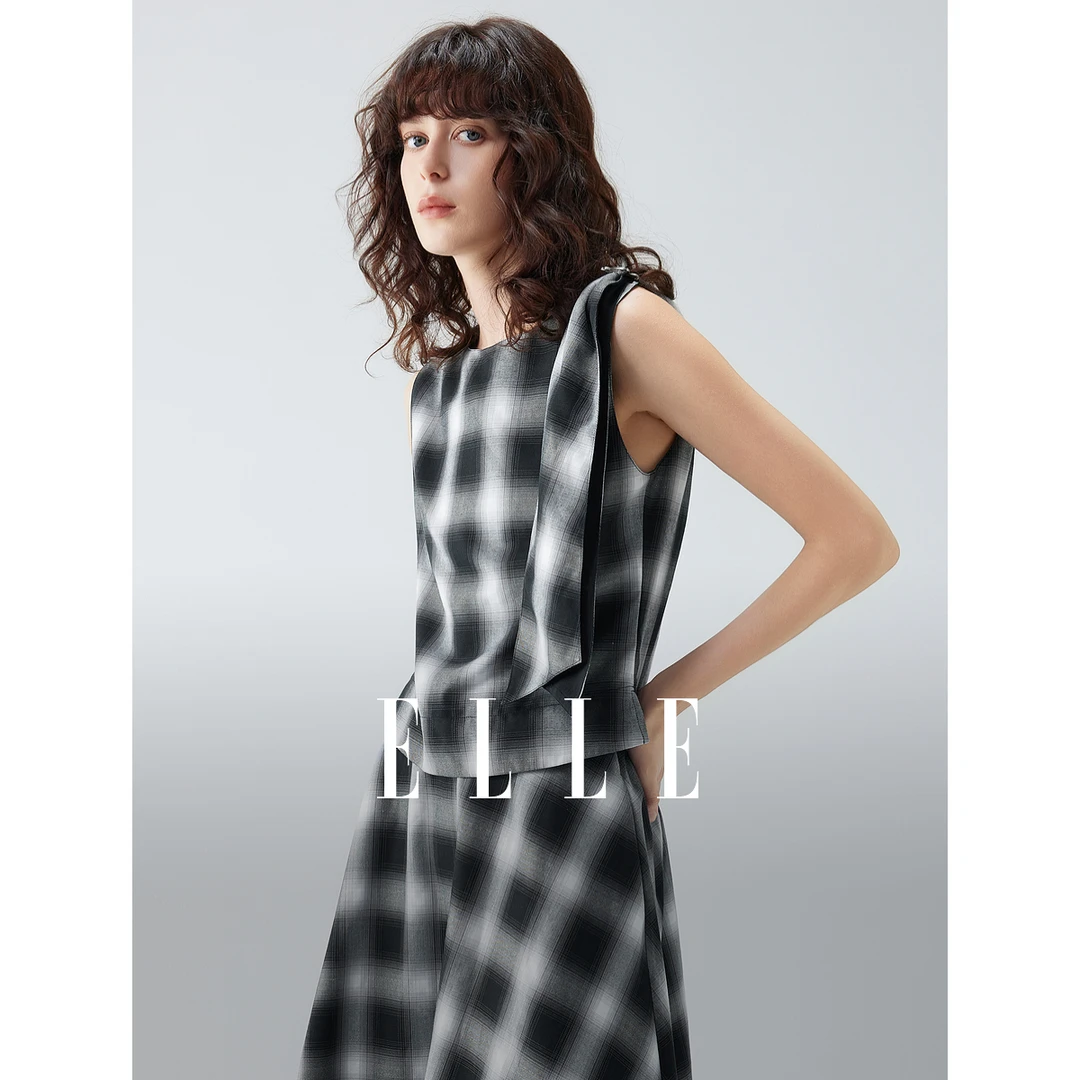 ELLE黑白格纹设计感扭结小衫女2025秋季通勤气质小众衬衫EM52571