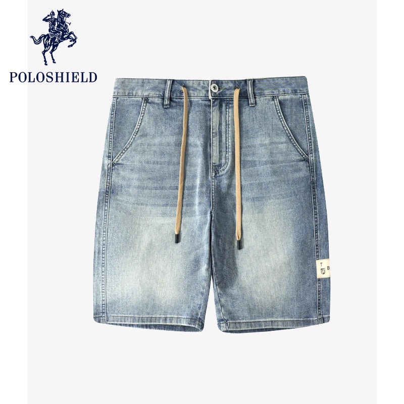 POLOSHIELD男士牛仔短裤2025新款夏季百搭松紧腰抽绳中裤