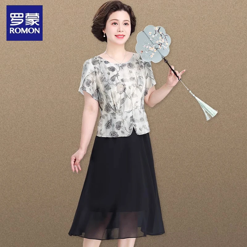 罗蒙妈妈夏装2025新款连衣裙端庄大气中老年夏季雪纺裙子女假两件
