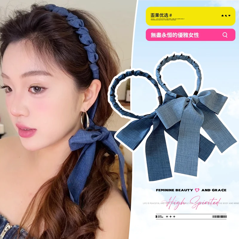 森系牛仔带齿波浪飘带发箍女高颅顶头箍麻花辫编发一体丝带绑发带