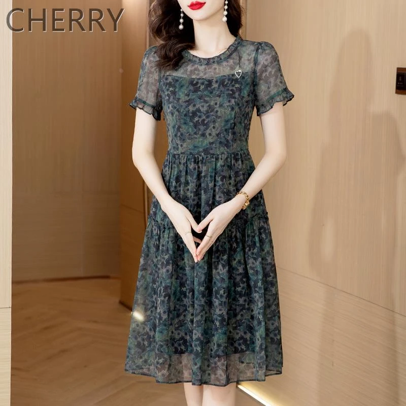 广州十三行高端雪纺连衣裙女2025洋气新款气质名媛纱料妈妈时尚裙