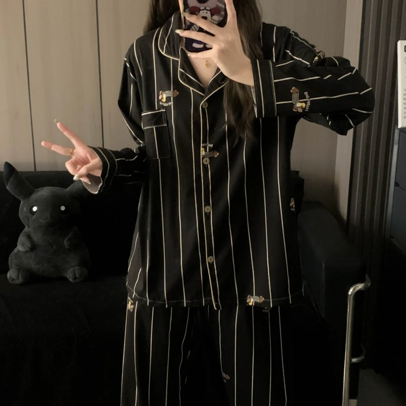 春秋长袖情侣睡衣男女士条纹高级感腊肠狗宽松慵懒礼物套装家居服