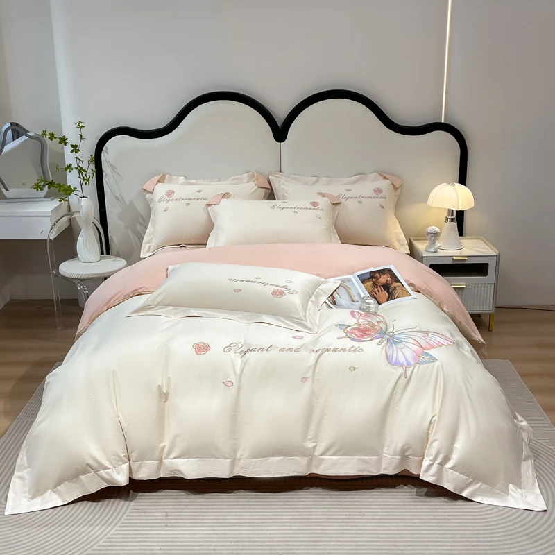 长庚【蝶影】轻奢新款简约刺绣被套纯色高档设计师床品四件套