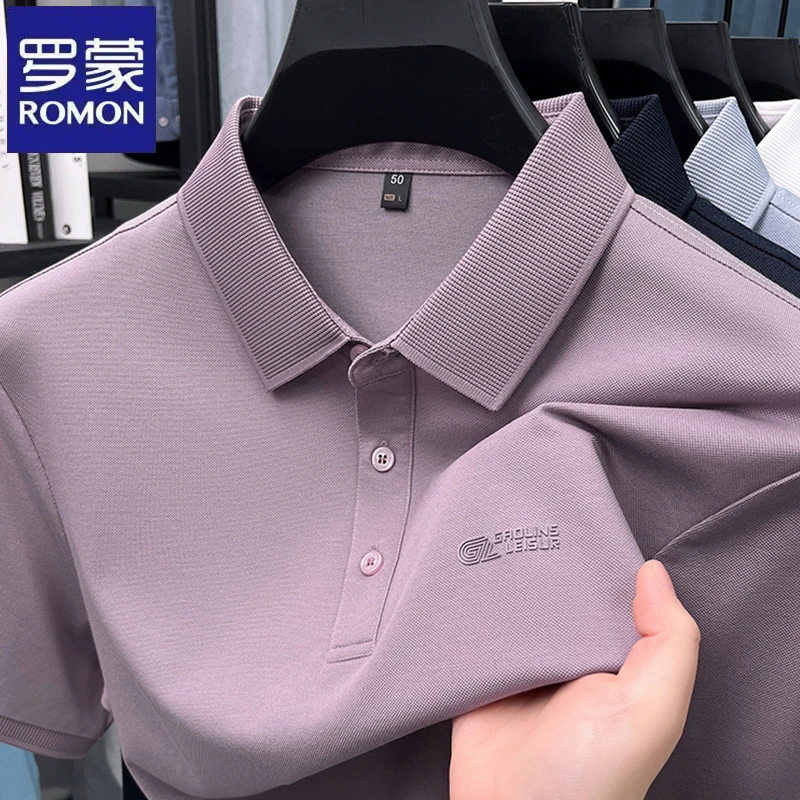 罗蒙纯色商务翻领印花短袖Polo衫夏季新款休闲男士薄款t恤衫上衣