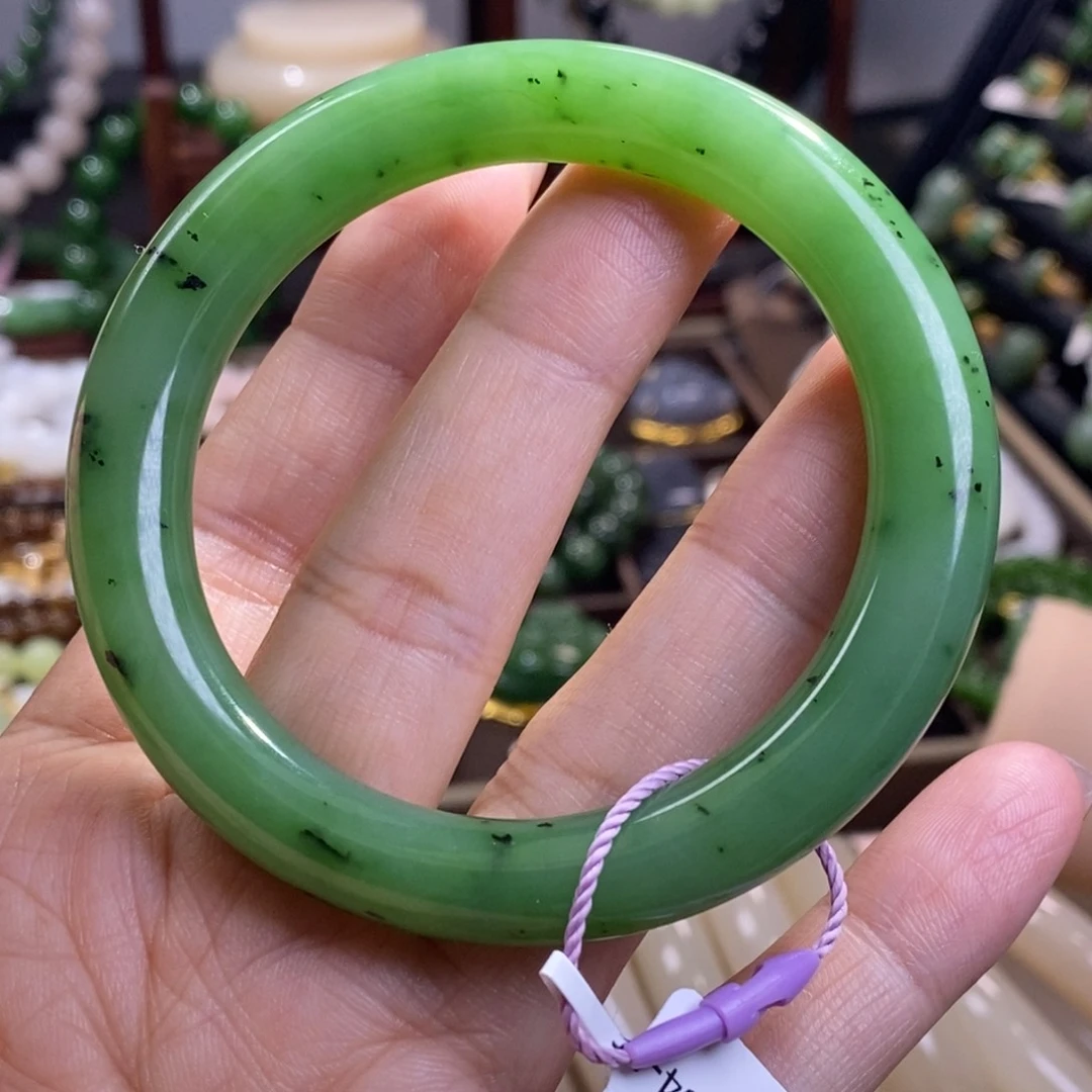 和田玉精品老矿料碧玉乌兰海圆条手镯54.8未镶嵌