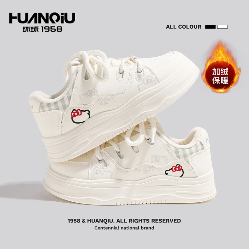 环球爆款加绒保暖潮流时尚厚底鞋女冬季可爱刺绣百搭休闲小白鞋