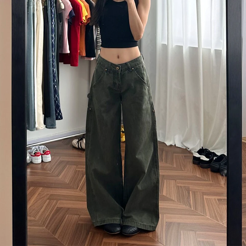 美式复古水洗军绿色宽松工装裤女夏秋新款高腰显瘦休闲拖地牛仔裤