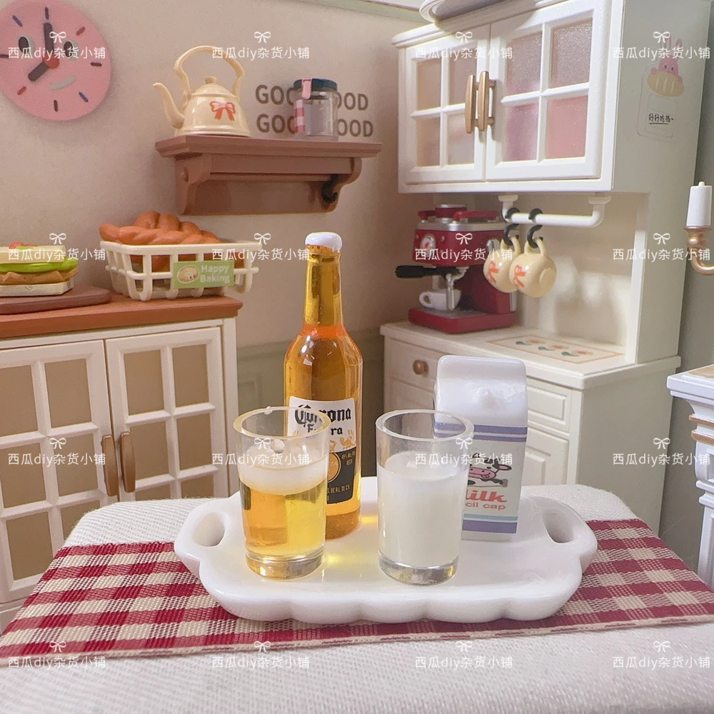 仿真微缩娃娃屋摆件牛奶盒啤酒杯酒瓶diy手工场景冰箱贴树脂配件