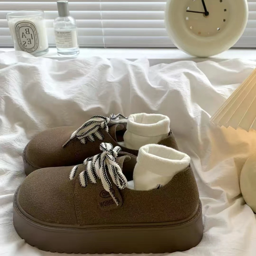 厚底圆头系带勃肯鞋女2025春秋季新款增高白搭舒适休闲单鞋子