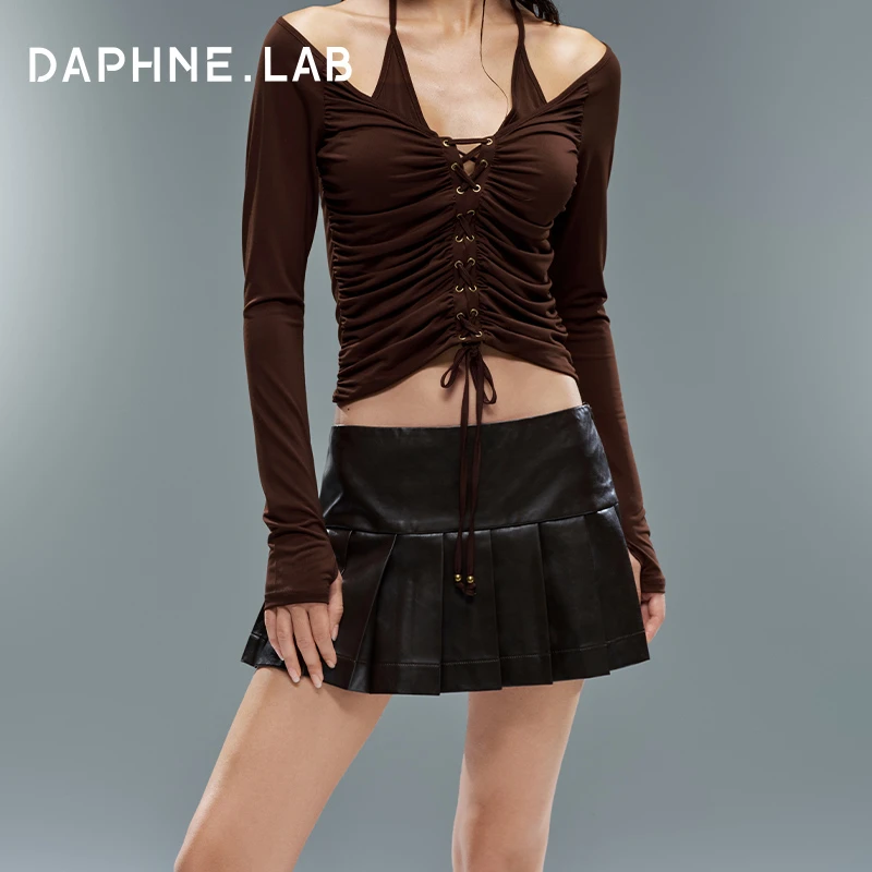 DAPHNE LAB百褶皮裙女复古甜辣休闲百搭半身裙短裙皮裙短款百褶裙