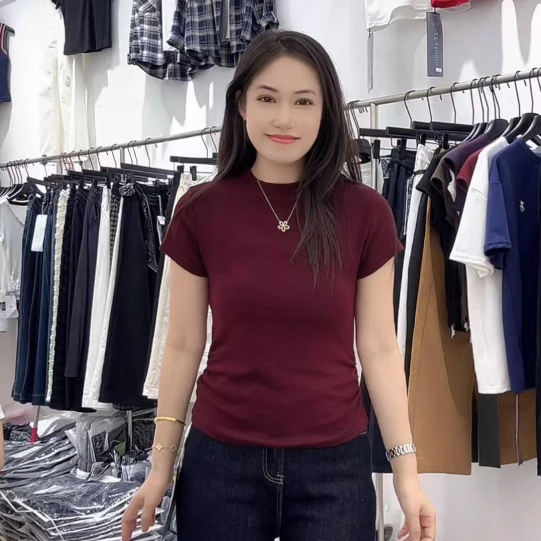 1161 秋季新款欧货时尚圆领褶皱收腰显瘦百搭短袖T恤女上衣