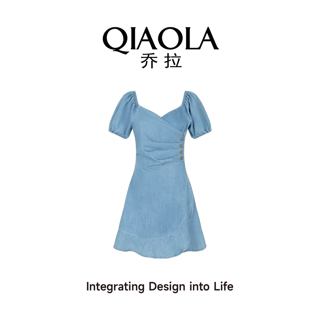 QIAOLA/乔拉【热力心跳】夏季牛仔压褶桃心领A版休闲显瘦裙子预售