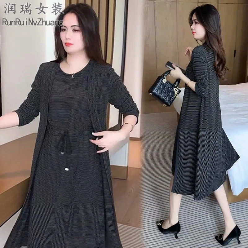 轻熟风时尚套装女2025秋季新款宽松显瘦中长款外披+连衣裙两件套
