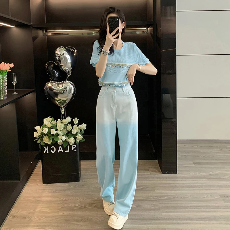 女装夏装套装2025新款爆款洋气显瘦短袖针织衫上衣渐变直筒牛仔裤
