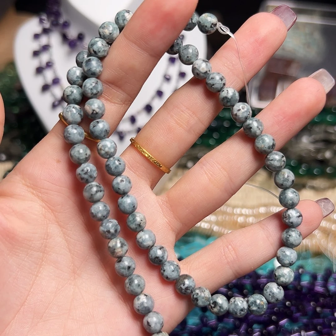 玛瑙/玉髓足银镶嵌珠宝半成品Z420。7m天然绿斑点石圆珠一条