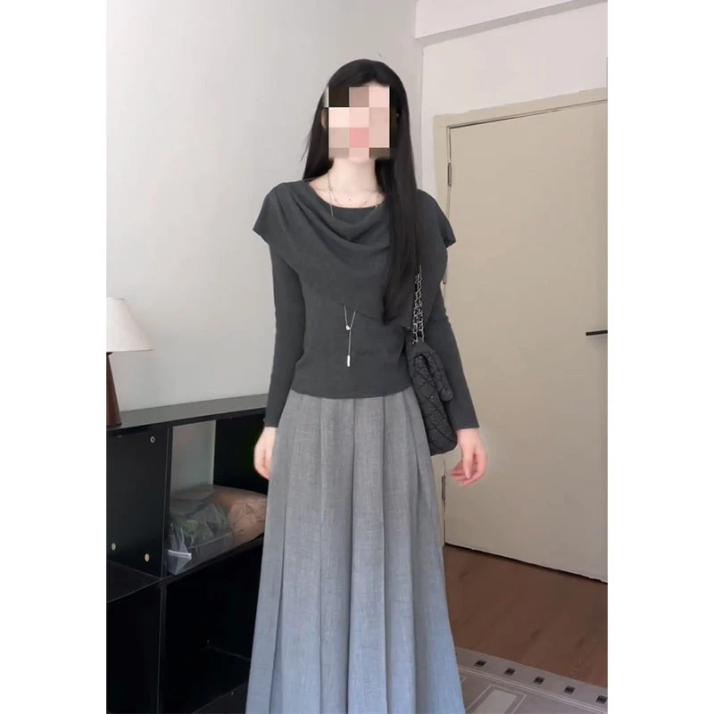 2025秋季新款韩系穿搭修身荡领长袖毛衣上衣气质高腰显瘦阔腿长裤