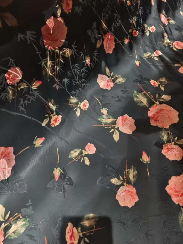 2025新款蔷薇真丝香云纱国风旗袍衬衣短袖连衣裙春夏面料