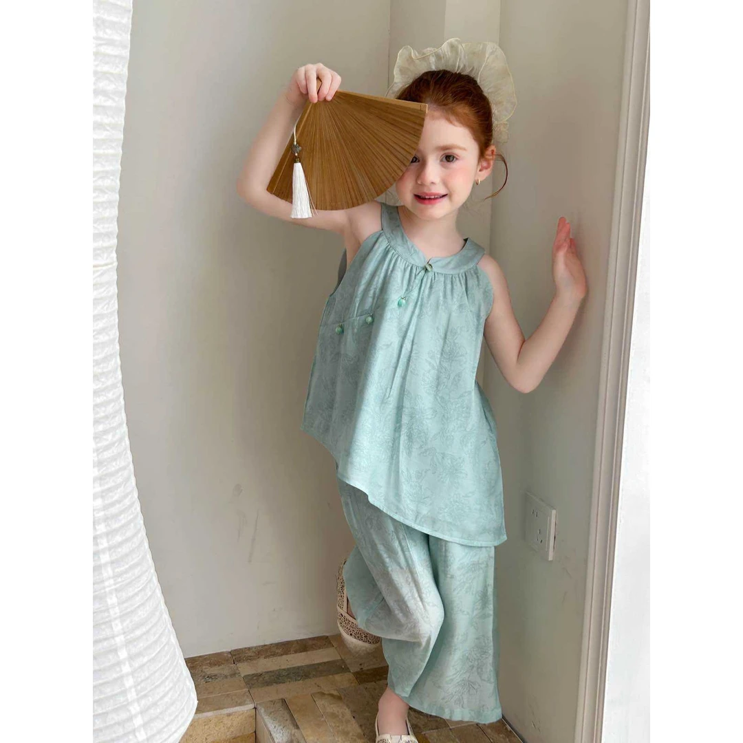 【现货】252-蜜桃汁童装2025年夏季新款新中式套装-57198蓝色