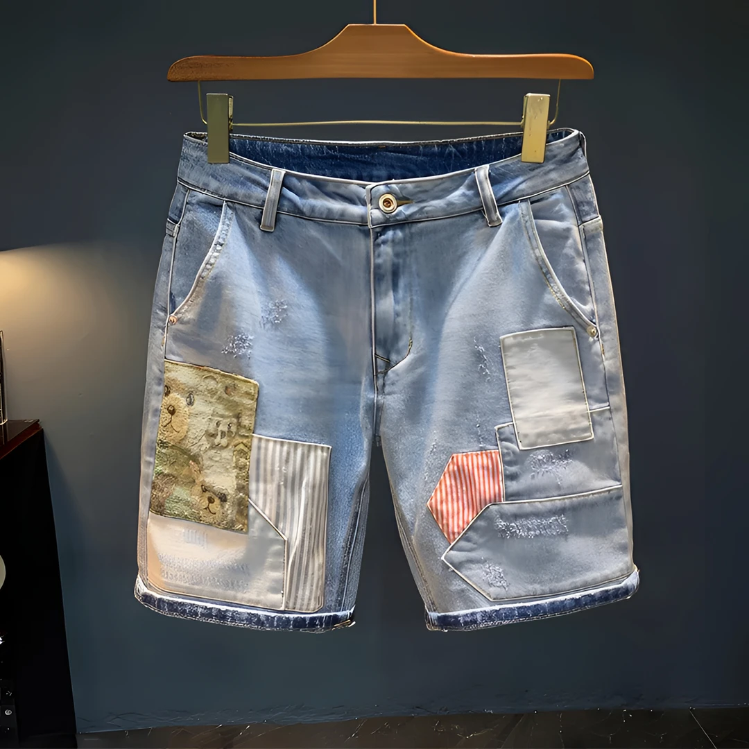 One What创意拼接牛仔短裤男2025年夏季薄款五分裤高街痞帅休闲男