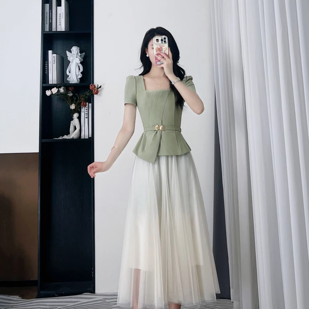 拉夏贝尔/25夏季新款法式优雅显瘦长裙女装上衣+半身裙 10464 LSC