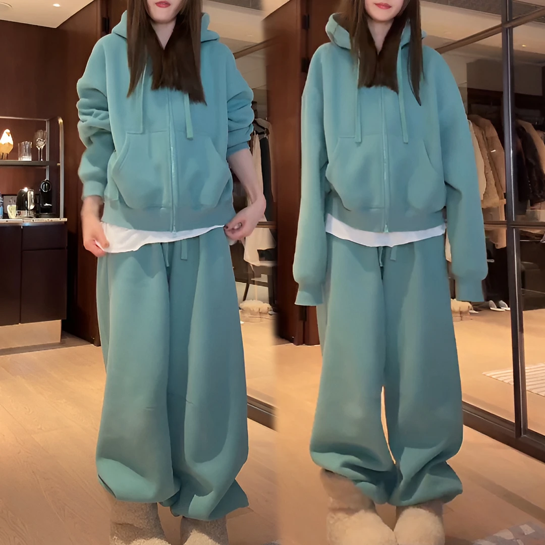 2025秋冬时尚套装高级感加厚连帽拉链卫衣女松紧腰直筒长裤两件套