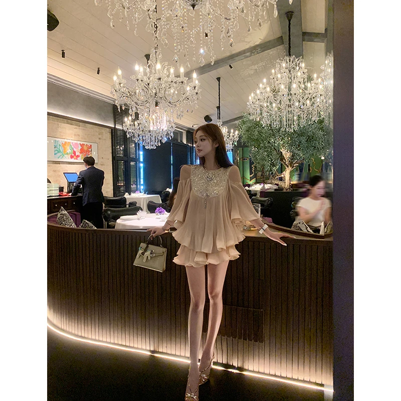 【星辰之夜女神】2025夏季新款压褶法式拼接上衣配显瘦百褶裙裤女