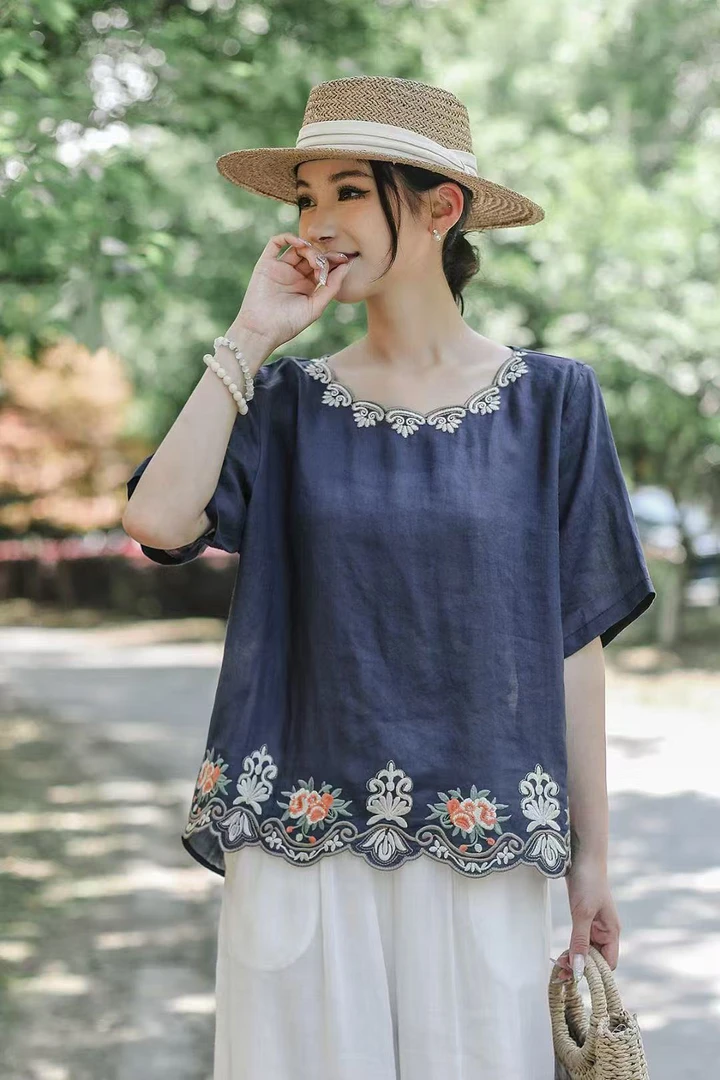 2025夏季苎麻小衫刺绣气质洋气宽松显瘦时尚休闲复古文艺上衣