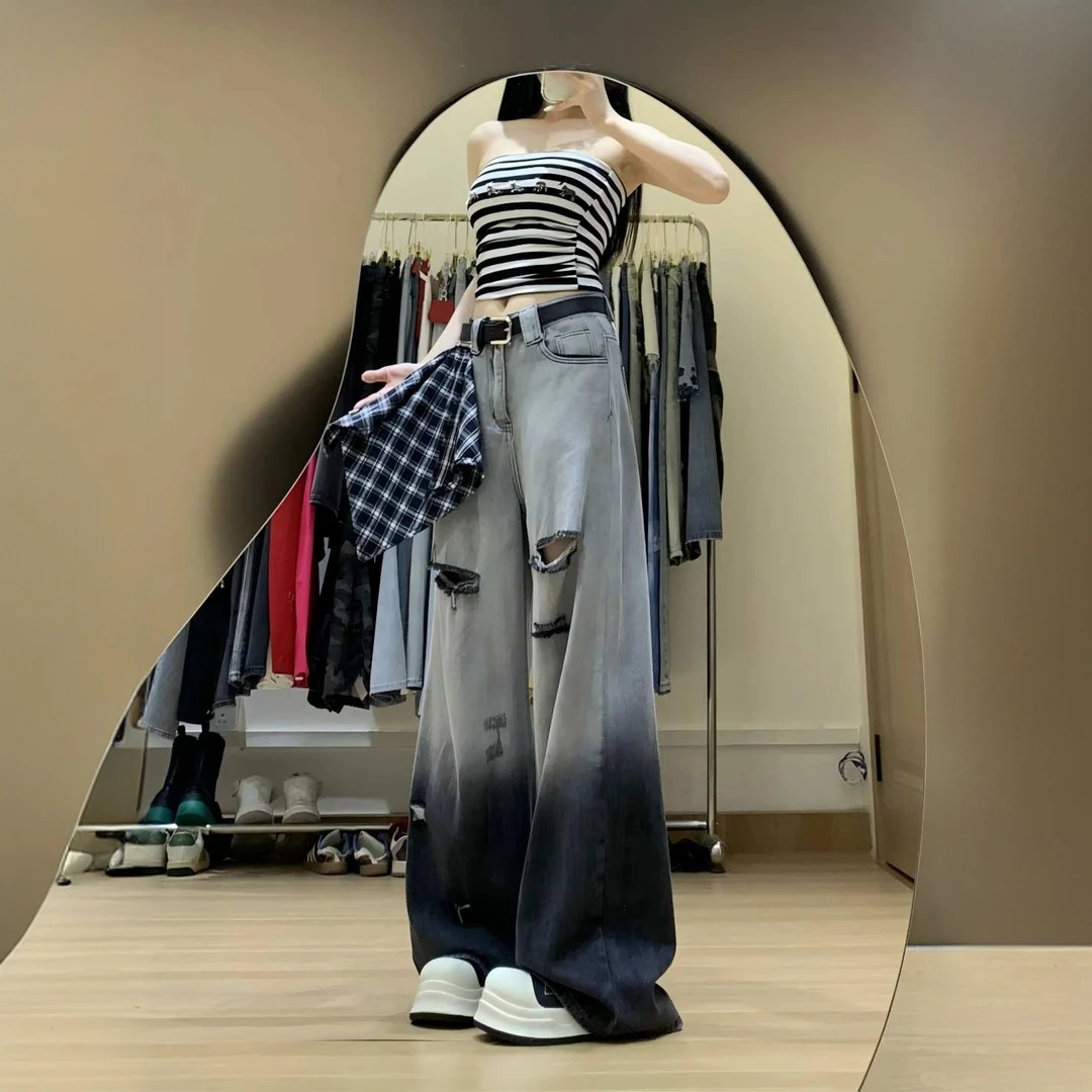渐变色小个子破洞牛仔裤女2025夏款格子飘带设计感高腰显瘦阔腿裤