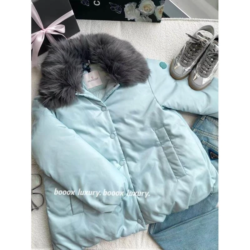 未使用 MONCLER bb2467 锦轮 aires系列大毛领蓝色羽绒服外套 1码