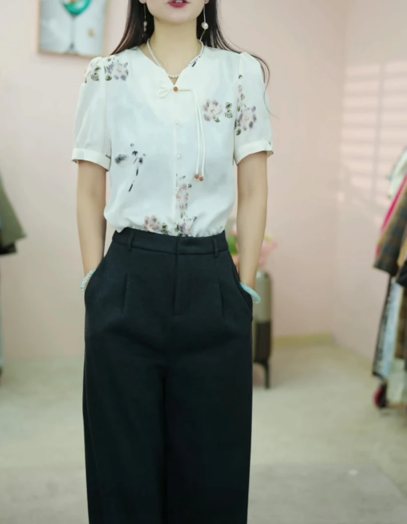 B661遮肚子显瘦小个子新中式衬衫上衣女夏季洋气减龄短袖小衫C6