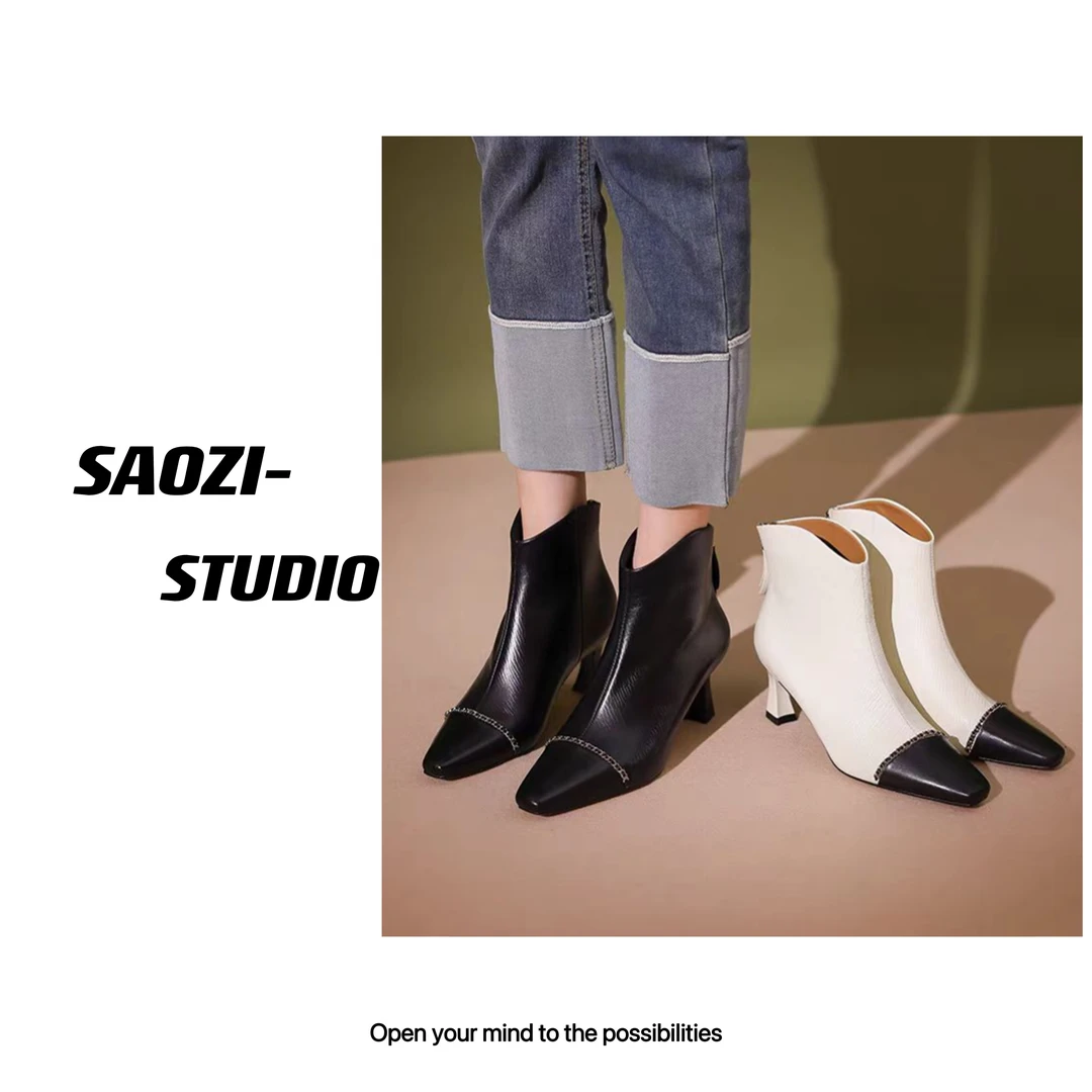 1019-单-尖头细跟单靴女拼接高跟短筒时装靴法式瘦瘦靴