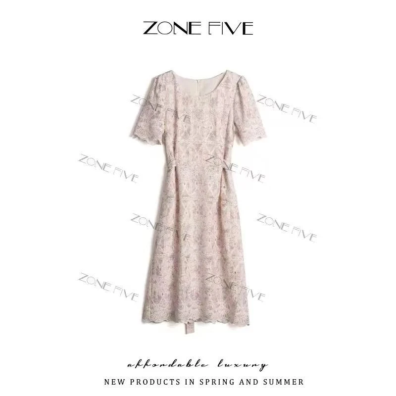 zonefive夏季新款新中式刺绣蕾丝圆领裙子连衣裙女