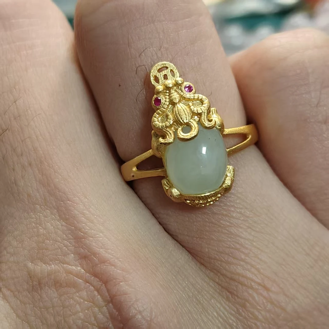 （桃）天然和田玉貔貅戒指（阳仔直播款）