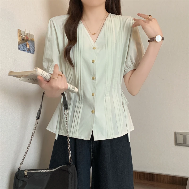 网红洋气炸街女装大码短袖独特漂亮小衫泡泡袖收腰衬衫正肩上衣夏