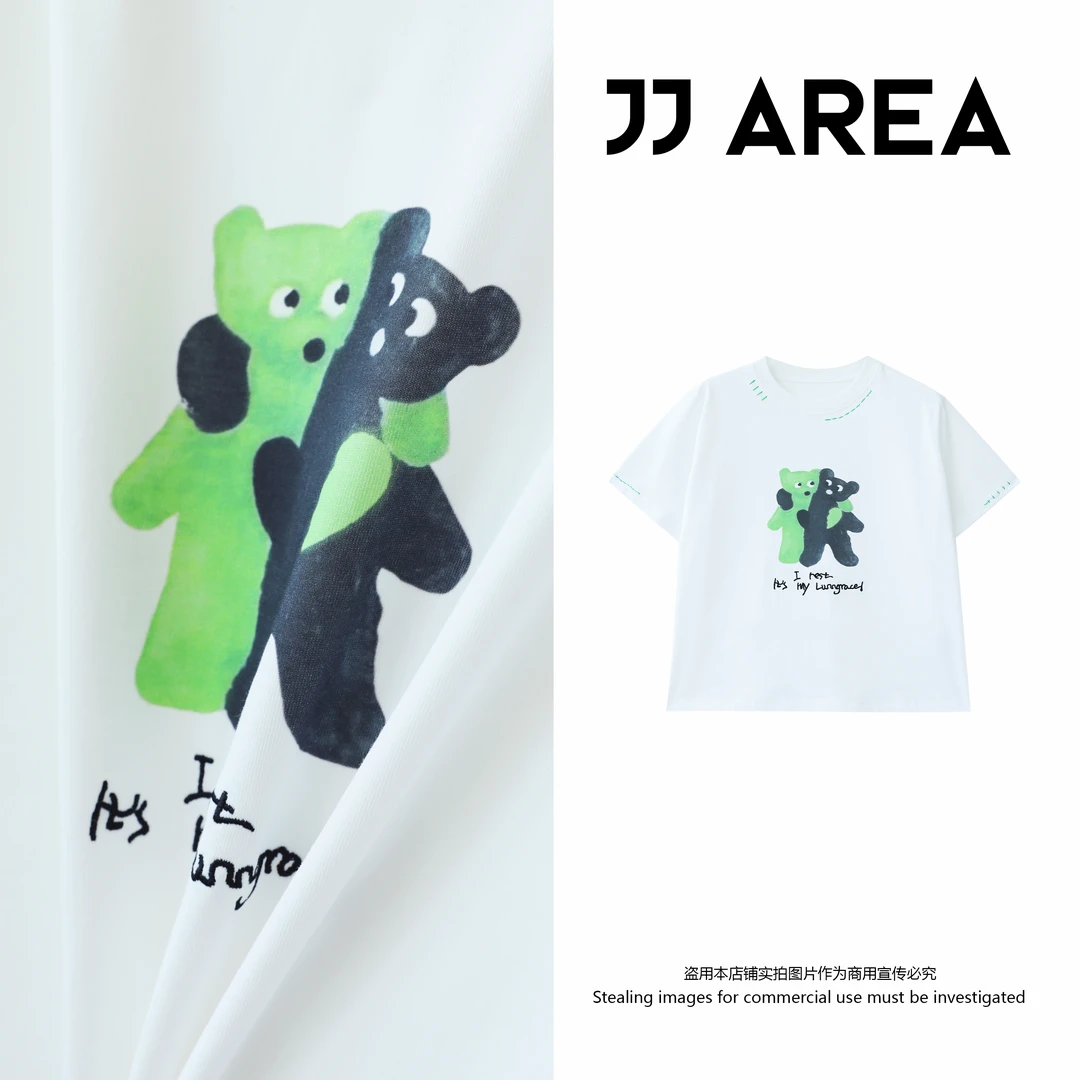 【JJ AREA】娇娇“两只小熊”夏季新款设计师撞色刺绣印花宽松短袖T恤